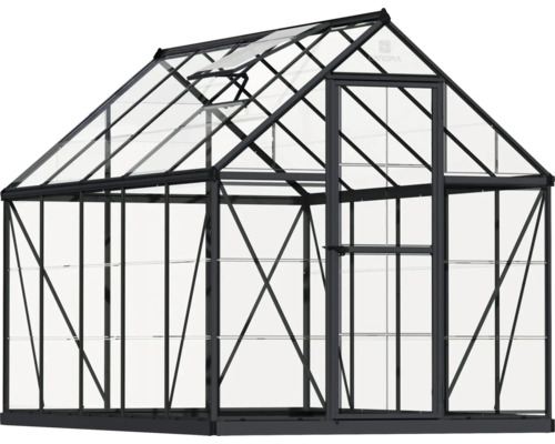 Gewächshaus mit Regalen und Tür