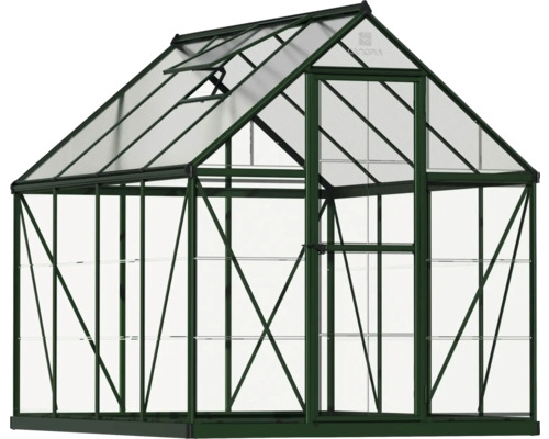 Gewächshaus mit Regalen und Dachfenster