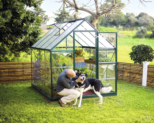Gewächshaus im Garten mit Mann und Hund.