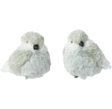 Zwei dekorative, weisse Wintervögel mit Glitzer