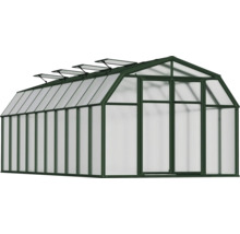 Gewächshaus mit Doppelstüren und Dachfenstern.