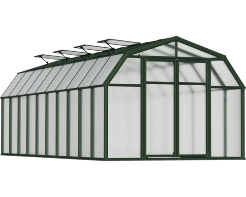 Gewächshaus mit Doppelstüren und Dachfenstern.