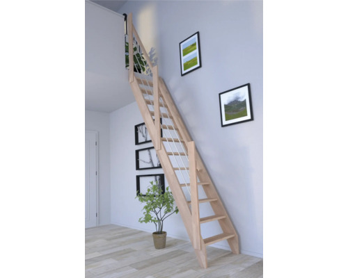 Pertura Wangentreppe Boreas Buche Leimholz ohne Setzstufen Seitenwange unbehandelt Buche gerade 59,5 cm 12 Stufen / 13 Steigungen Stabgeländer