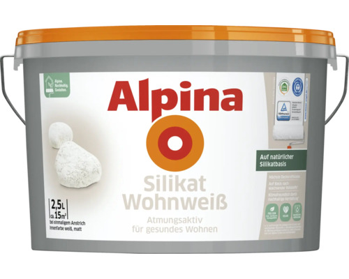 Alpina Silikat Wohnweiß Wandfarbe weiß 2,5 l Eimer Alpina Silikat Wohnweiß Innenfarbe mit 2,5 Liter Inhalt