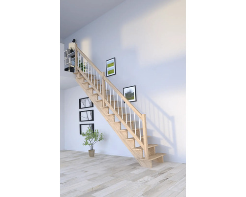 Holztreppe mit weißem Geländer in einem hellen Raum mit Bildern und einer Pflanze.
