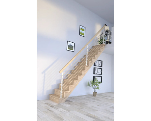 Holztreppe mit Edelstahlgeländer im Wohnraum