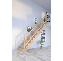 Holztreppe im hellen Raum mit Wanddekoration und Zimmerpflanze