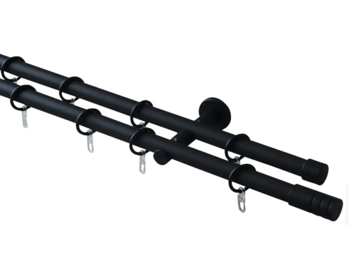 Gardinenstangen Set zweiläufig Zylinder schwarz 200 cm Ø 20 mm Doppelte Gardinenstange mit Ringen zur Vorhangbefestigung