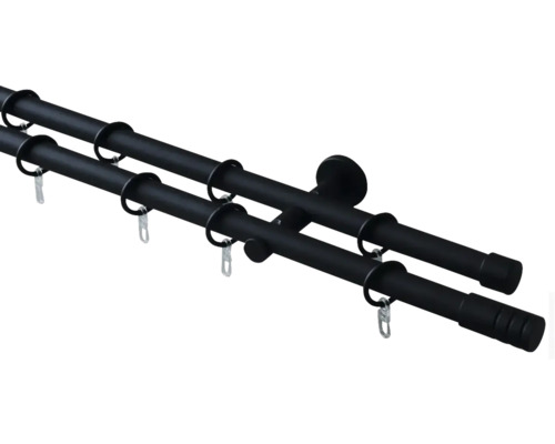 Gardinenstangen Set zweiläufig Zylinder schwarz 240 cm Ø 20 mm Doppelte Gardinenstange mit Ringen und Halterungen