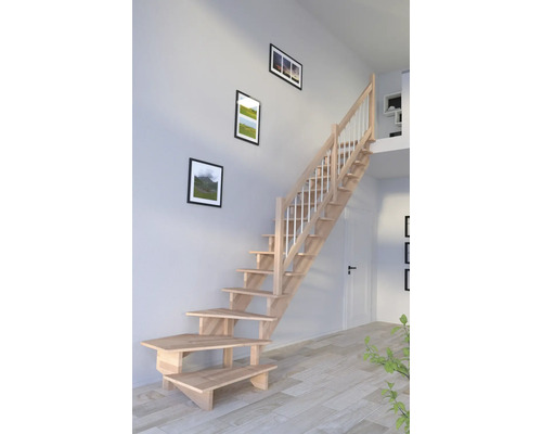 Pertura Wangentreppe Atanas Buche Leimholz ohne Setzstufen Seitenwange unbehandelt Buche 1/4-gewendelt unten rechts 80 cm 13 Stufen / 14 Steigungen Stabgeländer Holztreppe im Innenraum mit hellem Design