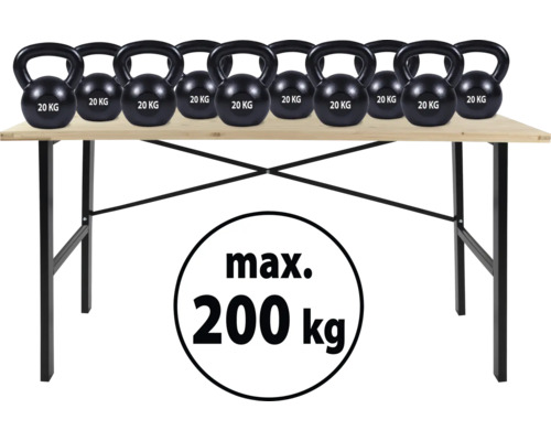 Klapptisch mit maximaler Traglast 200 kg und mehreren 20 kg schweren Hantelkugeln
