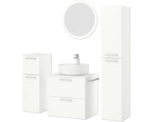 Badezimmerensemble mit Waschtisch, Aufsatzwaschbecken, Spiegelschrank und Hochschrank