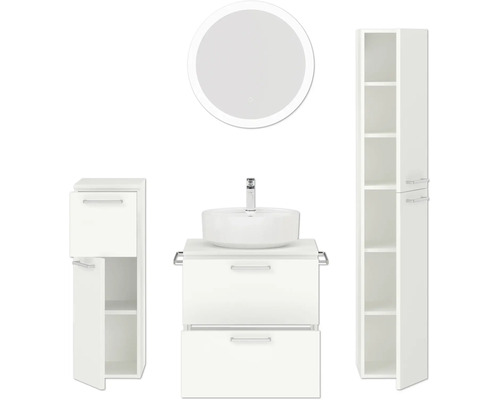 Badezimmerensemble mit Waschtisch, Aufsatzwaschbecken, Spiegelschrank und Hochschrank