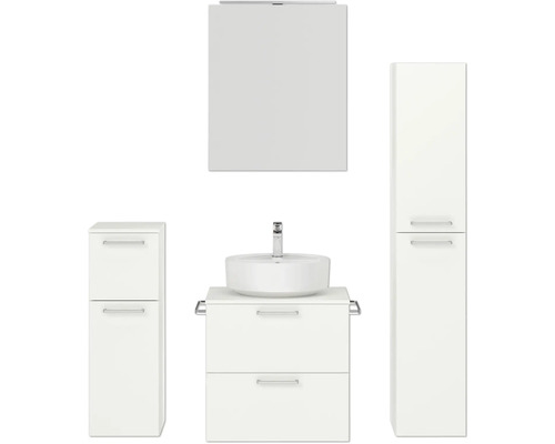 Badmöbel-Set NOBILIA Modern BxHxT 140 x 169,1 x 49 cm Frontfarbe weiß mit Spiegelschrank mit LED-Beleuchtung Unterschrank Midischrank Griff chrom matt 625 Badezimmer Set mit Waschtisch, Waschbecken, Spiegelschrank und Hochschrank