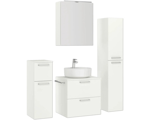 Weißes Badezimmerset mit Waschbeckenunterschrank, Waschbecken, Hängeschrank und Hochschrank