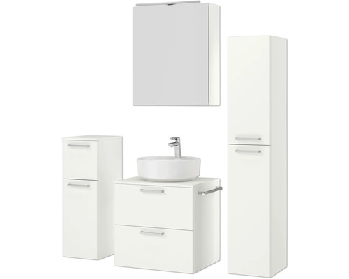 Weißes Badezimmermöbelset mit Waschtisch, Aufsatzwaschbecken, Hochschrank und Spiegelschrank