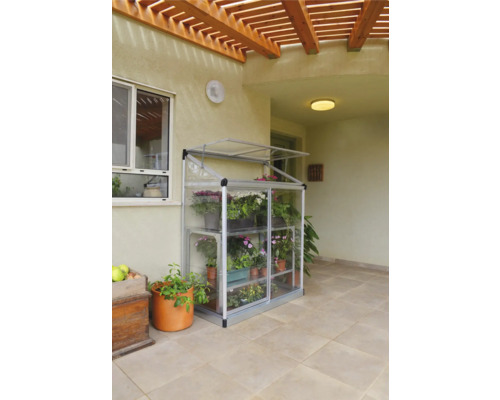 Gewächshaus mit Pflanzen auf einer Terrasse.