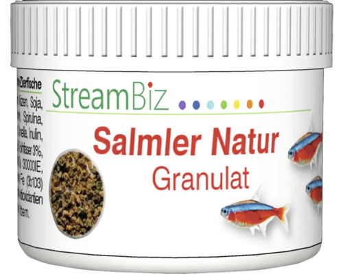 Aquariumfischfutter StreamBiz Salmler Natur Granulat 40 g StreamBiz Salmler Natur Granulat Fischfutter in einer weißen Dose