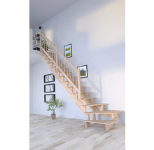 Holztreppe mit Geländer in einem hellen Raum.