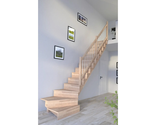 Pertura Wangentreppe Atanas Buche Leimholz mit Setzstufen Seitenwange unbehandelt Buche 1/4-gewendelt unten rechts 80 cm 13 Stufen / 14 Steigungen Stabgeländer Holztreppe im Innenbereich mit Geländer und Wanddekoration