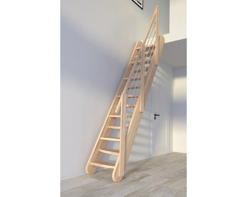 Pertura Wangentreppe Kybele Buche Leimholz wechselseitig begehbare stufen Seitenwange unbehandelt Buche gerade 61,5 cm 12 Stufen / 13 Steigungen Stabgeländer Holztreppe mit Geländer an der Wand