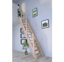 Holztreppe mit Geländer in einem hellen Raum