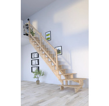 Holztreppe mit Geländer in einem hellen Raum mit Bildern an der Wand und einer Pflanze