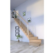 Helle, moderne Treppe mit Holzstufen und Edelstahlgeländer in einem hellen Raum.