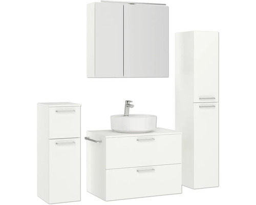 Badezimmer-Set mit Waschbecken, Waschtisch, Hochschrank und Spiegelschrank