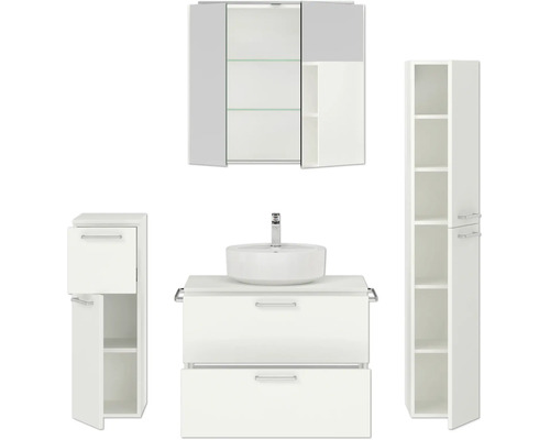 Modernes Badezimmer-Set mit Waschbecken, Unterschrank, Spiegelschrank und Hochschrank