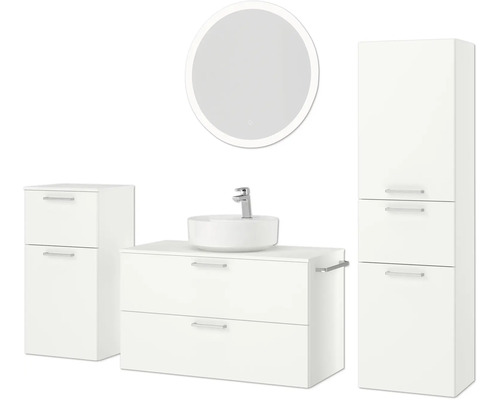 Modernes Badezimmer-Set mit Waschbecken, Spiegel und Schränken