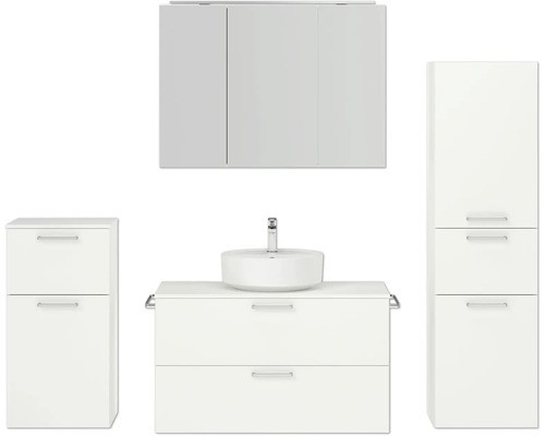 Badmöbel-Set NOBILIA Modern BxHxT 180 x 169,1 x 49 cm Frontfarbe weiß mit Spiegelschrank mit LED-Beleuchtung Unterschrank Midischrank Griff chrom matt 737 Weißes Badezimmermöbelset mit Waschbecken, Spiegelschrank und Hochschrank