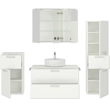 Weißes Badezimmer-Set mit Waschtisch, Waschbecken, Spiegelschrank und Hochschrank