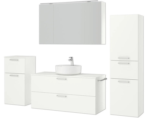 Badezimmermöbelset mit Waschtisch, Aufsatzwaschbecken, Spiegelschrank und Hochschrank