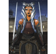 Gemälde von Ahsoka Tano mit zwei Lichtschwertern vor einem Stadtbild