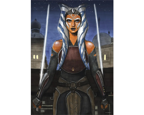 Gemälde von Ahsoka Tano mit zwei Lichtschwertern vor einem Stadtbild