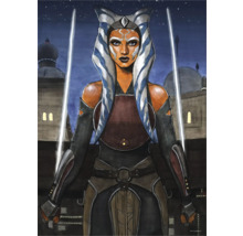 Ahsoka Tano Kunstwerk mit zwei Lichtschwertern vor einem Stadtbild.