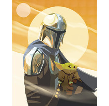 Illustration von Mandalorianer mit Baby Yoda Figur vor Wüstenlandschaft