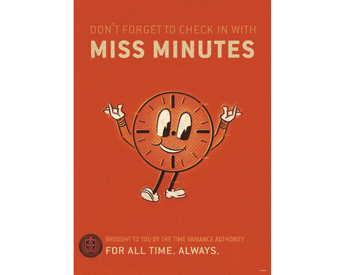 Cartoon-Poster mit der Aufschrift: Vergiss nicht, bei Miss Minutes einzuchecken