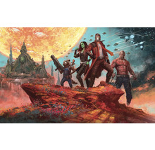 Illustration der Guardians of the Galaxy vor einer Tempelanlage und Raumschiffen