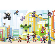 Buntes Stadtbild mit verschiedenen Marvel Superhelden