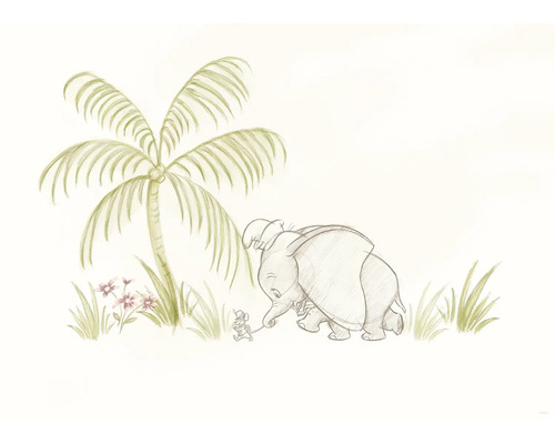 Illustration eines Elefanten und einer Maus unter einer Palme