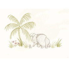 Illustration eines Elefanten mit einer Maus unter einer Palme