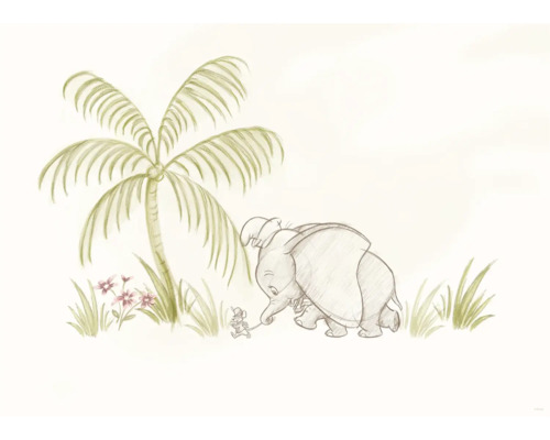 Illustration eines Elefanten mit einer Maus unter einer Palme