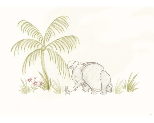 Zeichnung eines Elefanten mit einer Maus unter einer Palme