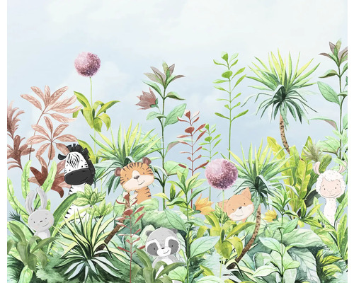 Fototapete Vlies IAX6-0051 Into Wonderland First Day 6-tlg. 300 x 250 cm Illustration von Tieren und Pflanzen im Dschungel