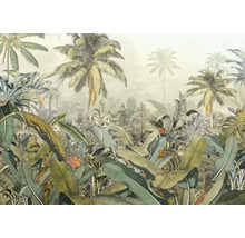 Illustration einer tropischen Landschaft mit Palmen und üppiger Vegetation