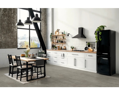 Helle Küche mit Esstisch, Küchenzeile, Dunstabzugshaube und Kühlschrank