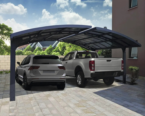 Doppelcarport aus Metall mit zwei geparkten Fahrzeugen