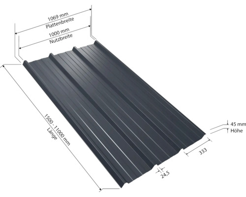 PRECIT Trapezplatte für Dach mit Antikondensationsvlies W45LV Anthrazitgrau RAL 7016 Fix-Breite 1075 mm x Stärke 0,5 mm (Meterware ab 150 bis max. 900 cm)